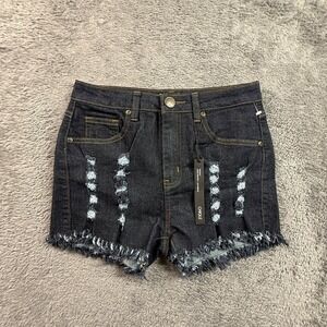 Chiqle Womens S Dark Wash Distressed Denim Jean Shorts Raw Hem Frayed Y2K